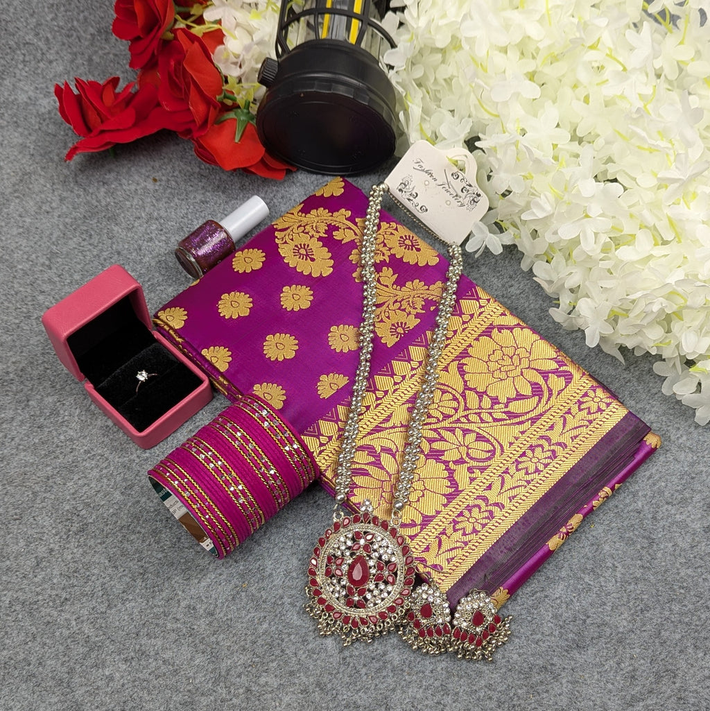 Premium Silk Katan Saree Combo Set - Purple