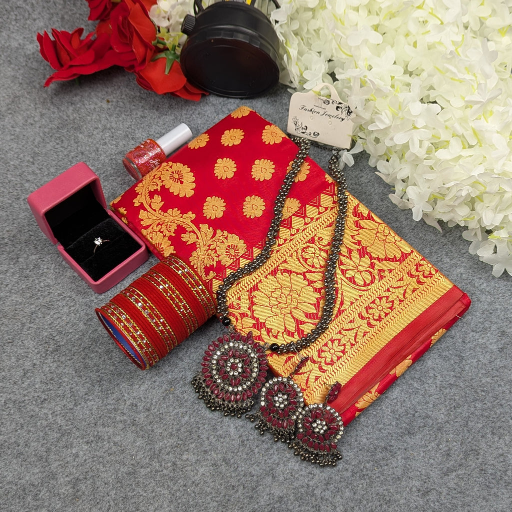 Premium Silk Katan Saree Combo Set - Red