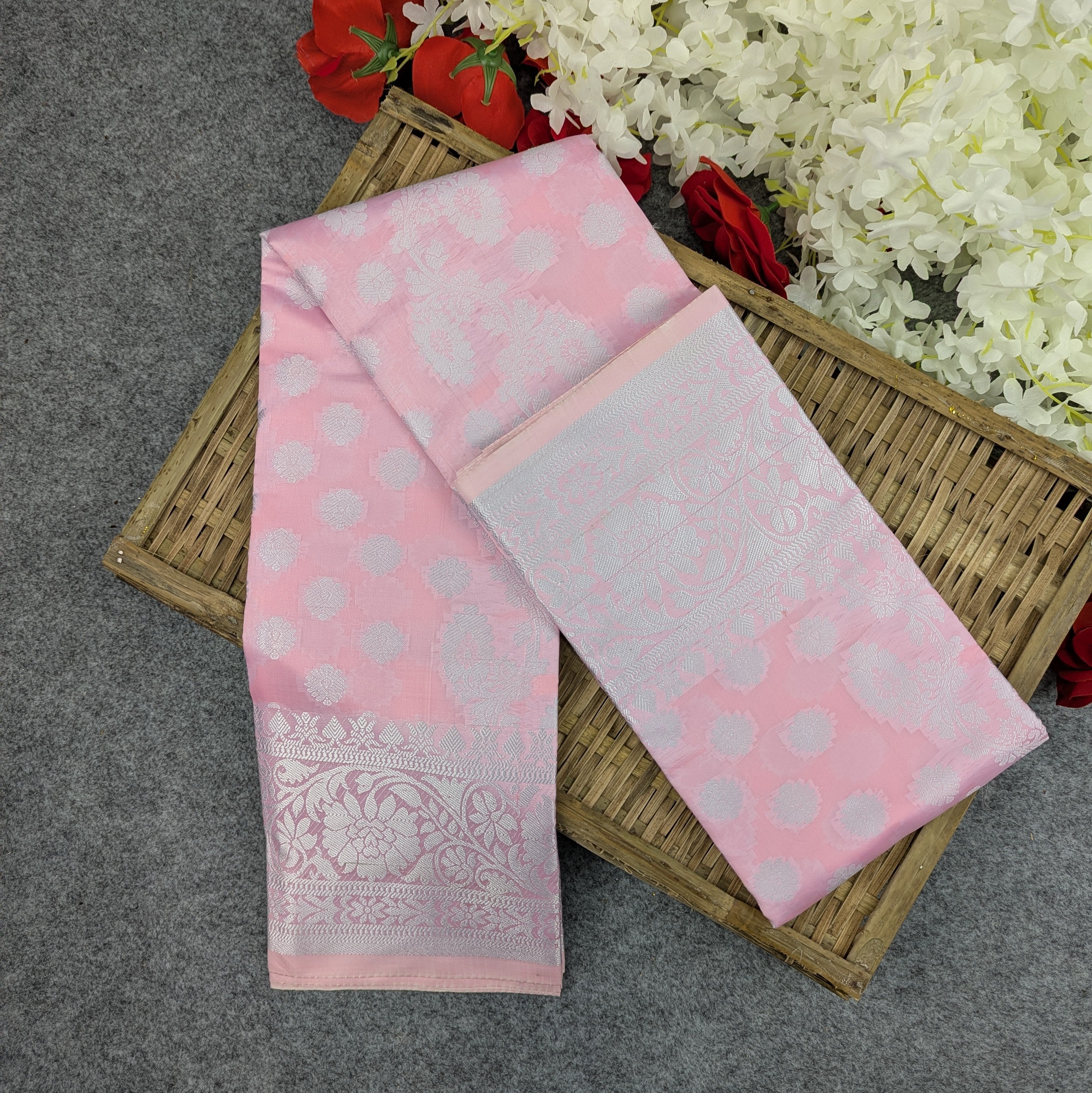 Premium Silk Katan Saree Combo Set -Ligth pink