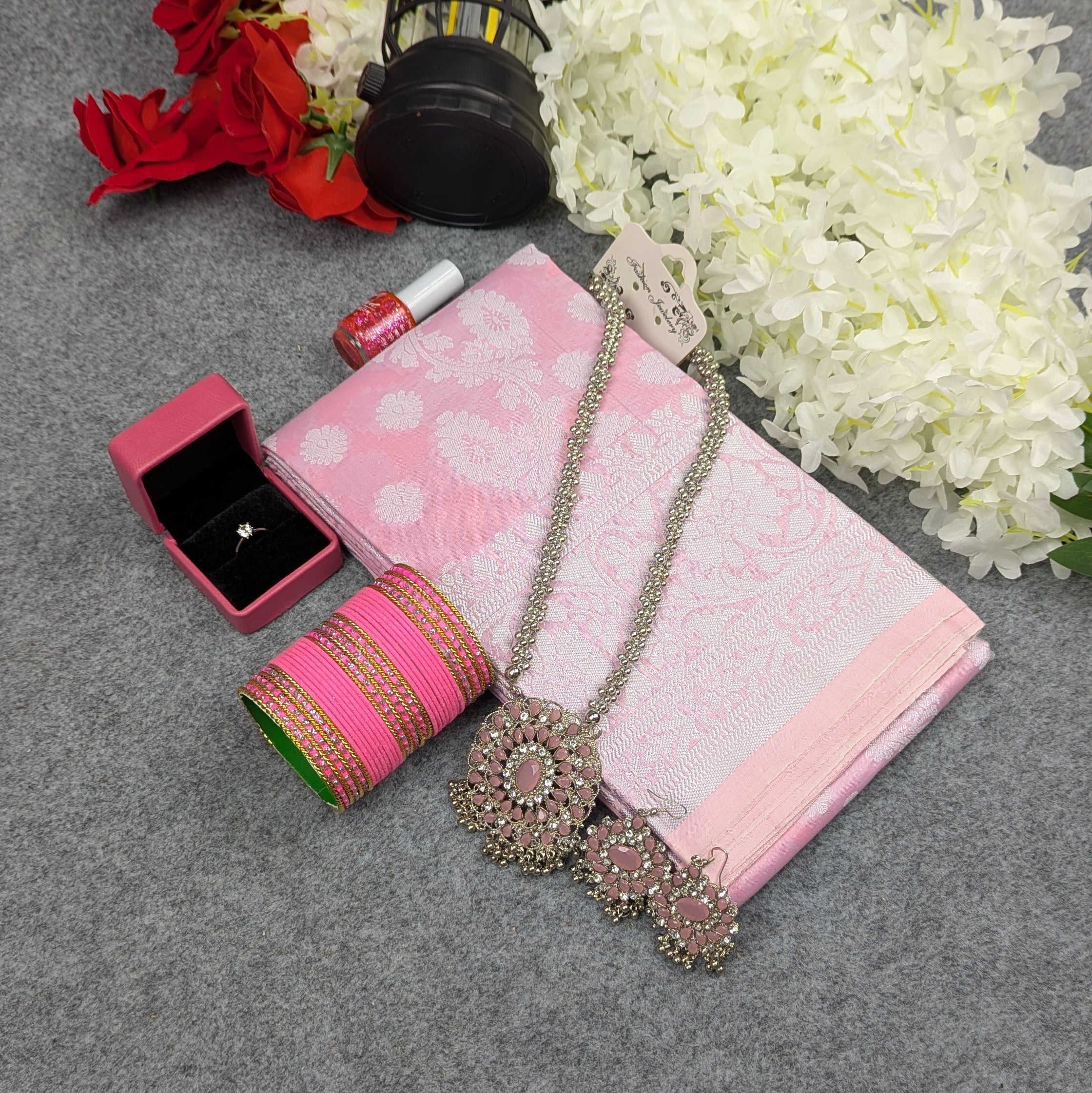 Premium Silk Katan Saree Combo Set -Ligth pink
