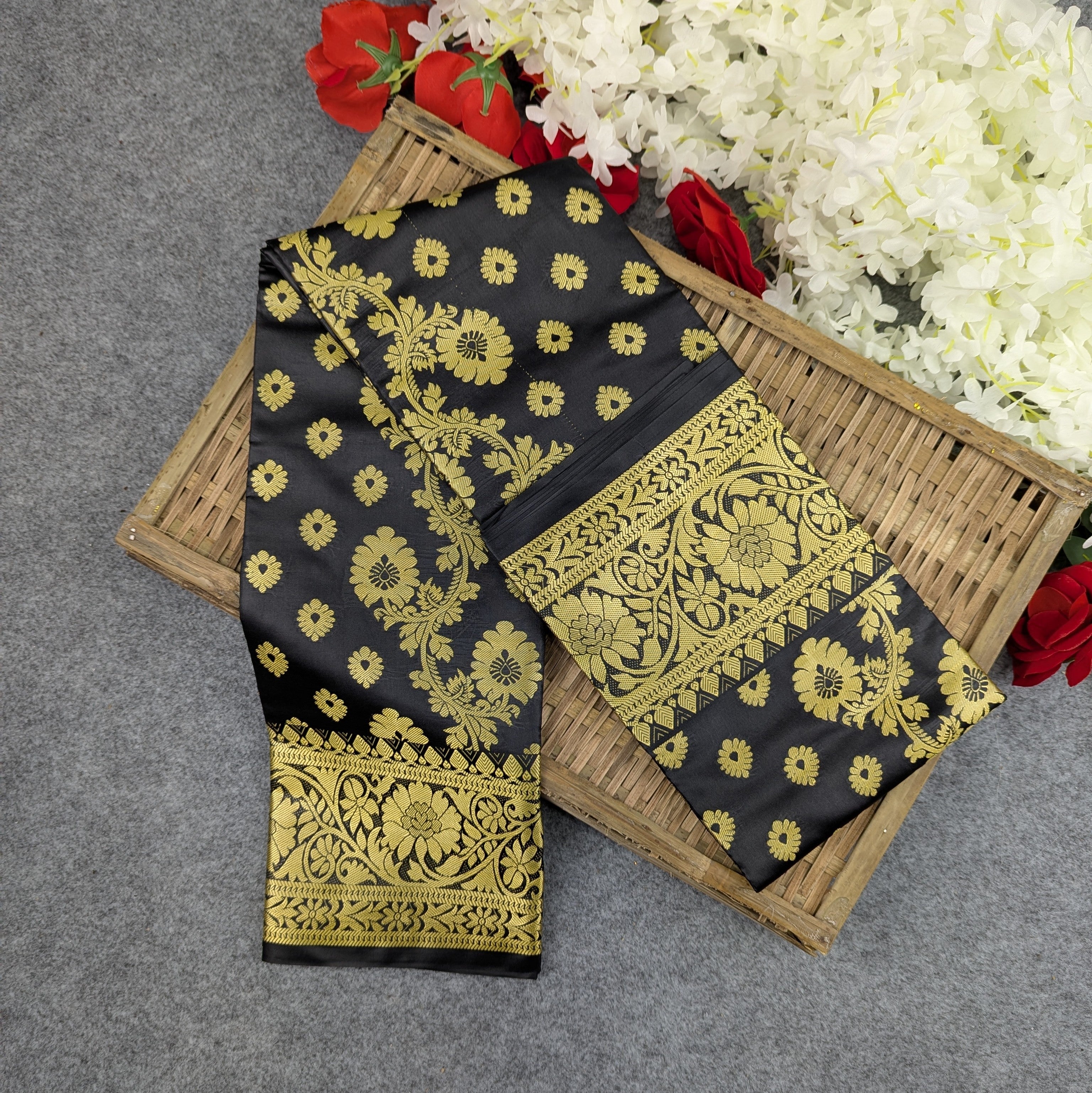 Premium Silk Katan Saree Combo Set - Black