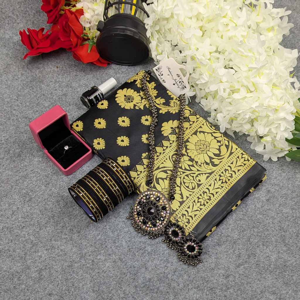 Premium Silk Katan Saree Combo Set - Black