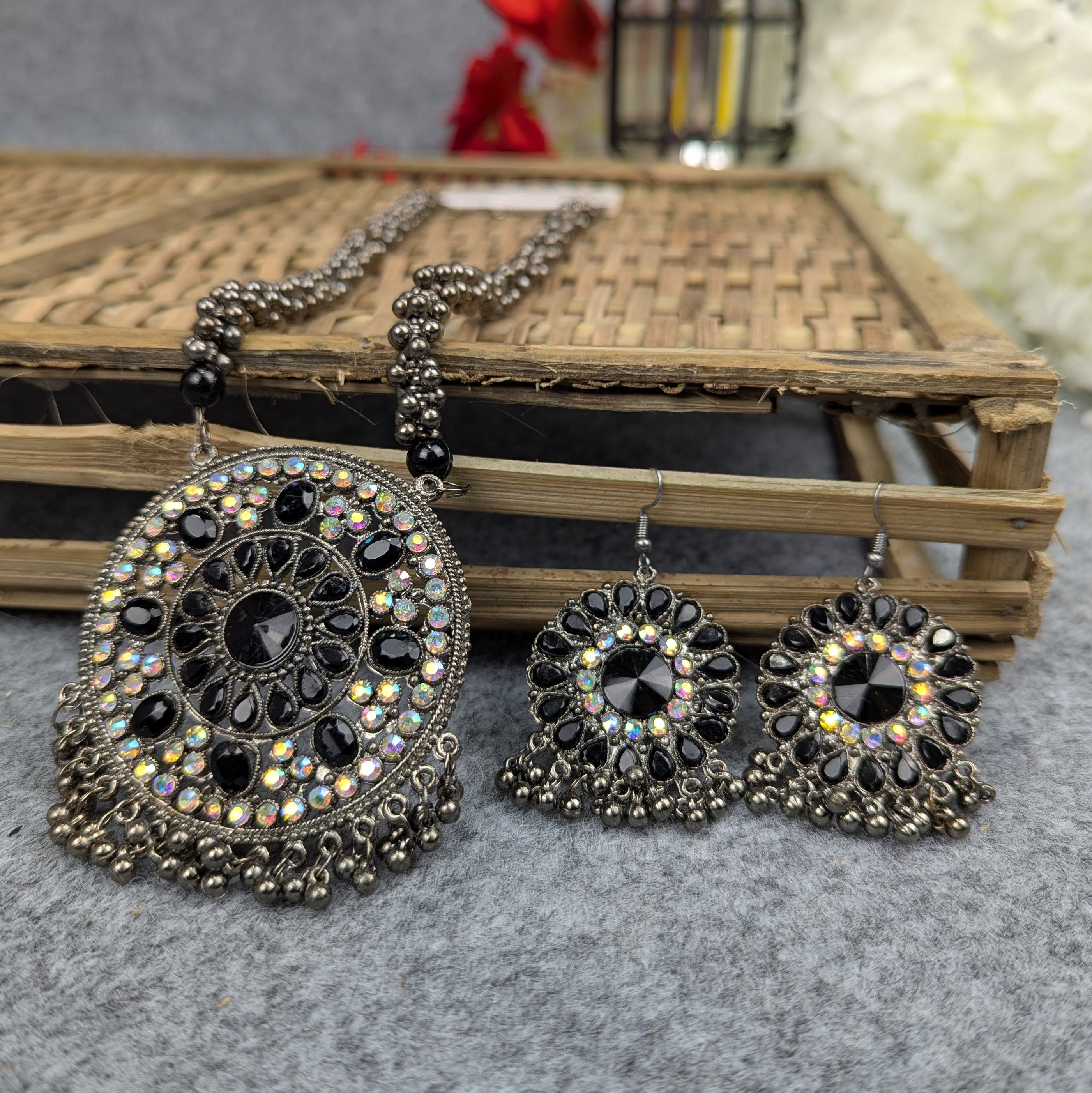 Antique Oxidized Necklace & Earrings Set – (Multiple Colors Available)